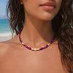 collier de perles en coquillage coloré violet avec perle de culture blanche bijoux amorcita