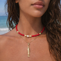 collier de perles en coquillage coloré rouge avec perle de culture blanche bijoux amorcita